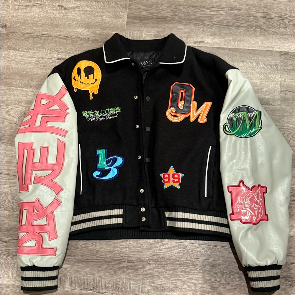 Black Varsity Jacket with Colorful Patches